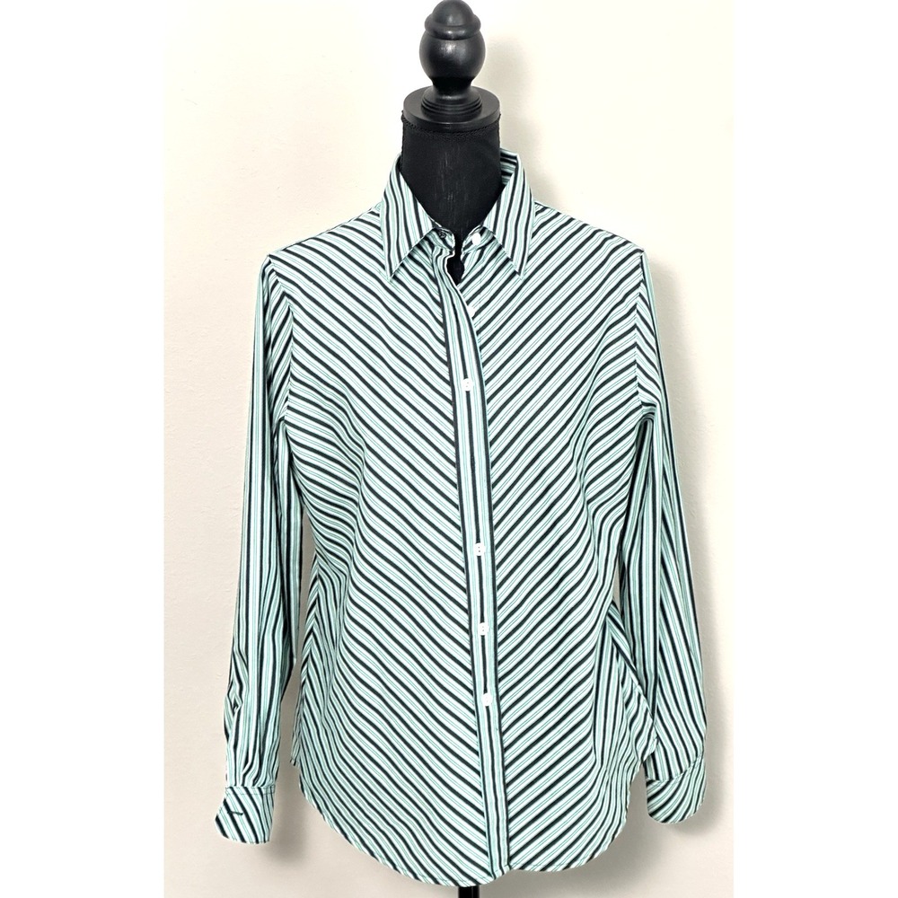 Foxcroft Women's Button Down Striped Longsleeve Blouse Green Black Size‎ (10P) - Picture 16 of 16